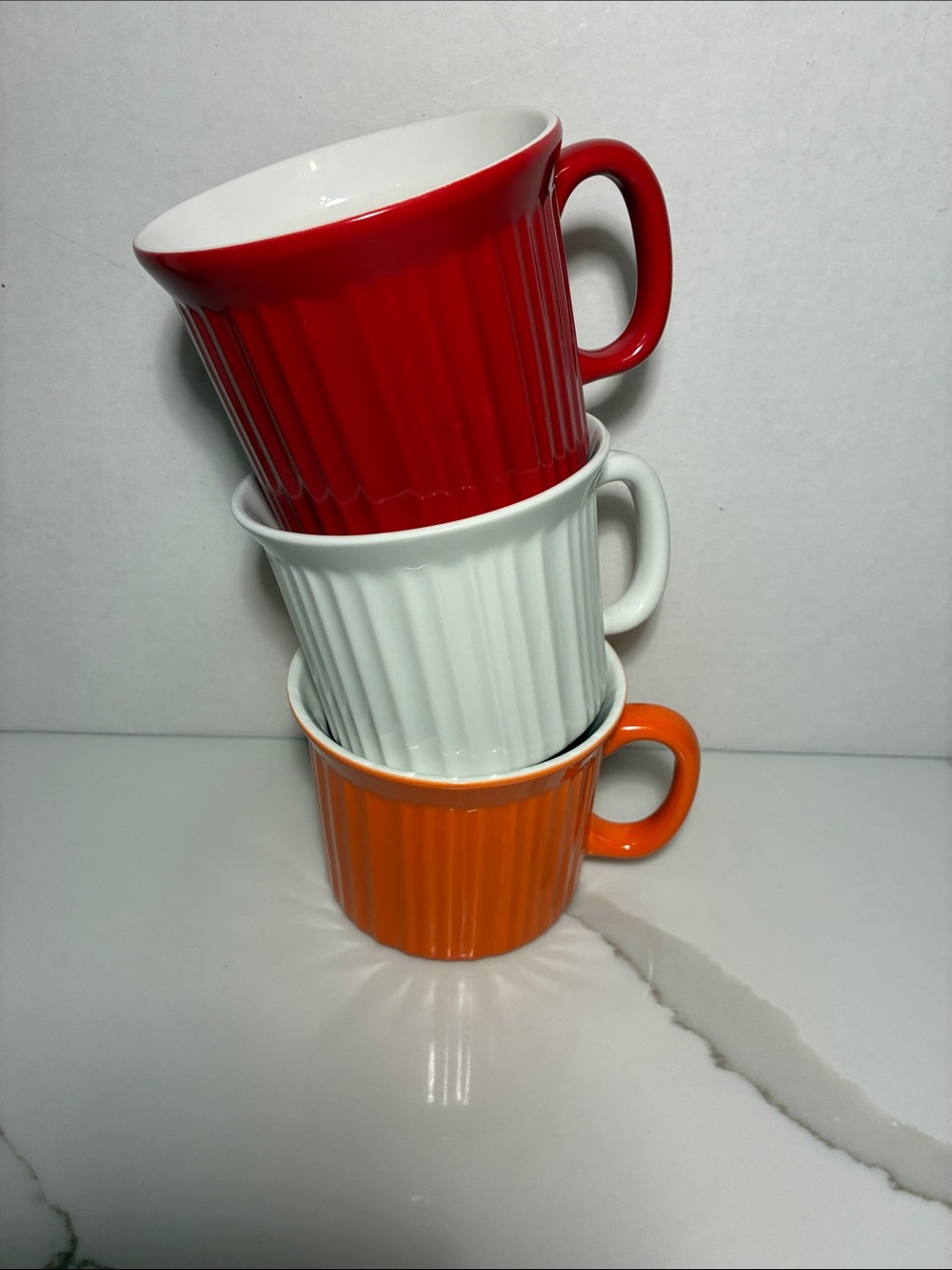 Corningware Orange, White & Red Ribbed Ceramic Mug Trio